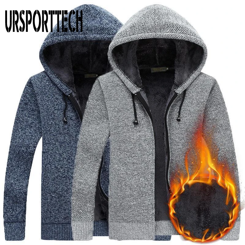 URSPORTTECH Winter Mens Fleece Sweatercoat Fashion Zipper Hooded Jacket Slim Fit Thick Casual Sweater Men Cardigan Masculino 3XL