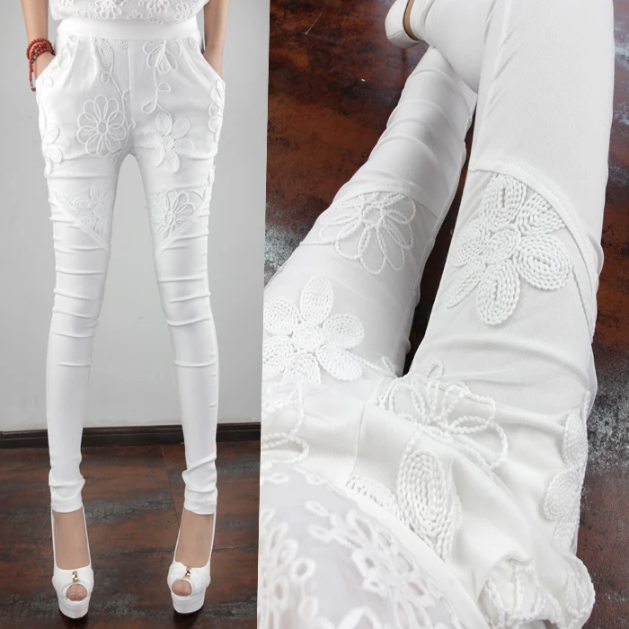 

Women White Pants Spring Autumn Fashion Stereo Flower Lace White Pencil Pants Skinny Slim Long Fitness Leggins Femme Mid-waist