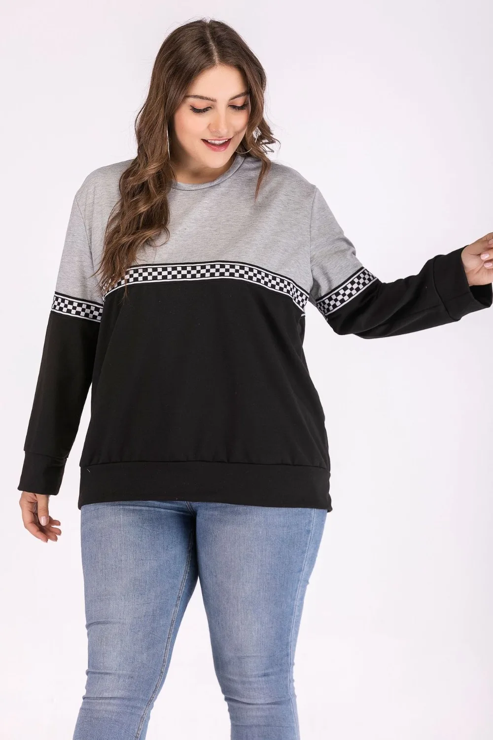 autumn winter plus size tops for women large long sleeve stripe loose cotton casual O neck T-shirt gray 4XL 5XL 6XL 7XL