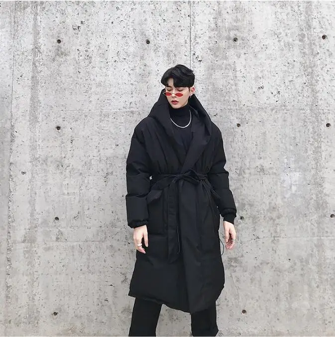 M-xl! Зимний стиль, дизайн талии, мужское длинное пальто с капюшоном, хлопковое пальто, темно-черное дизайнерское молодежное пальто-плащ