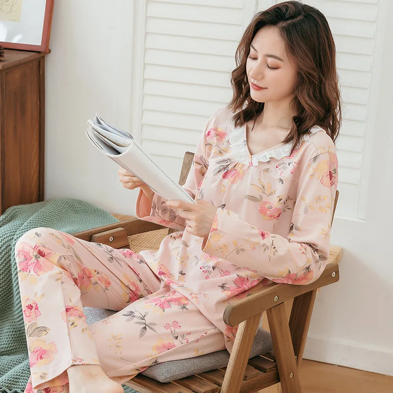 2021Spring and Autumn Women's Pajamas Long Sleeve Two-piece Loose Home Wear Pajamas for Women Sleepwear Sleep Tops Pijamas Women