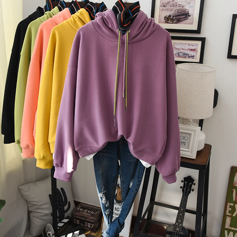 autumn women fleeced hoodie high street warm hooded sweatshirt turtleneck pullovers coats loose cool hoodies teenager