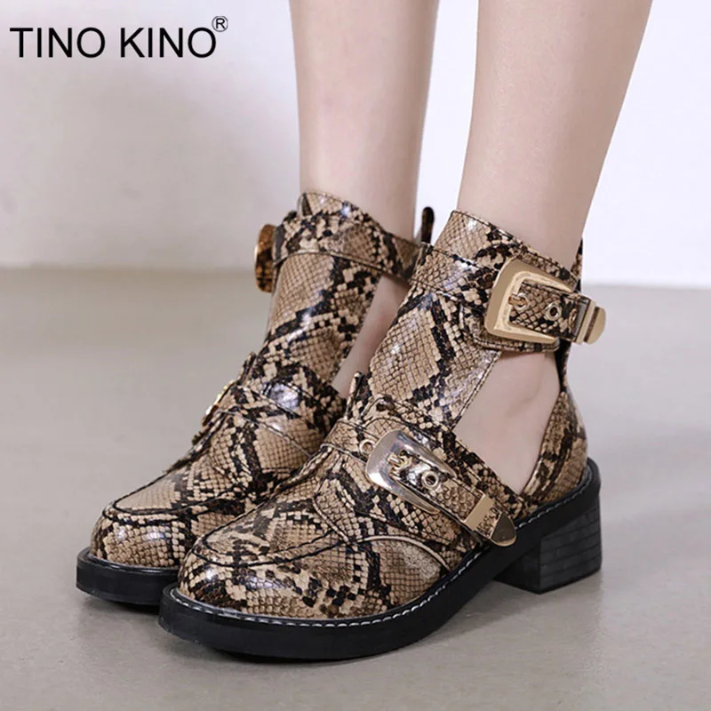 

TINO KINO 2019 Autumn Women Snake Ankle Boots Buckle Stap Hollow Out Square High Heels Cool Ladies Fashion Shoes Female Botas