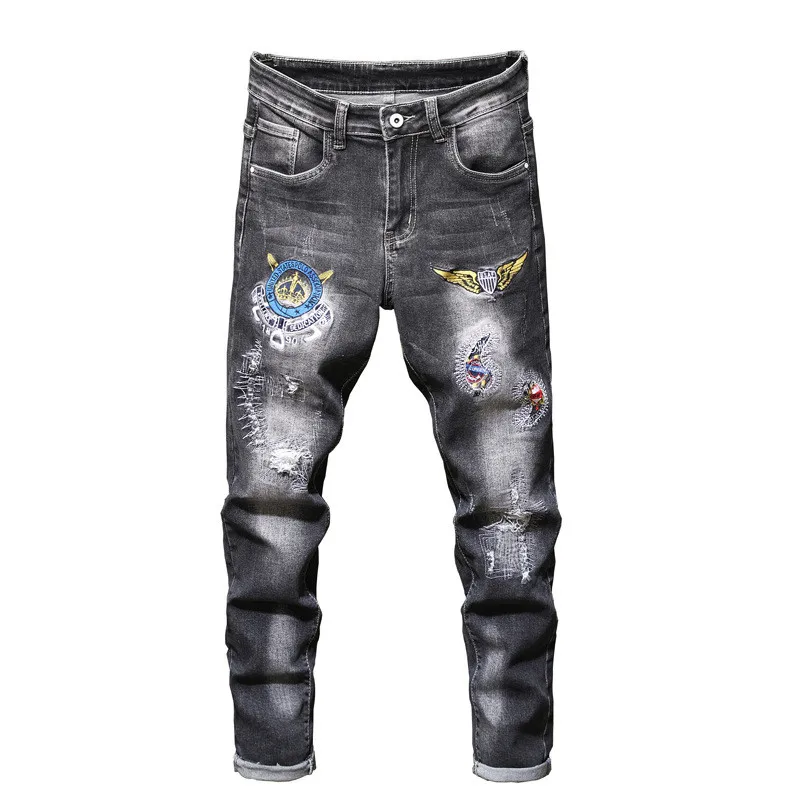KIMSERE Мужская Мода Рваные джинсы штаны с вышитым Марка NEW fashion Hi Street джинсовые брюки с вышивкой, искусственно состаренные джинсы Размеры 28-38 - Цвет: Черный