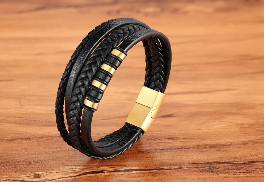 XQNI Klassisches mehrschichtiges Luxus-Stil-Edelstahl-Herren-Lederarmband, handgewebt, anpassbar, DIY-Qualität, Drop Shipping – Detail 8