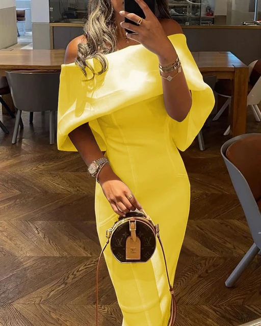 2021 Women Elegant Dress Polkadot Print Ruffles Scarf Off Shoulder Cape Design Skinny Party Dress Yellow