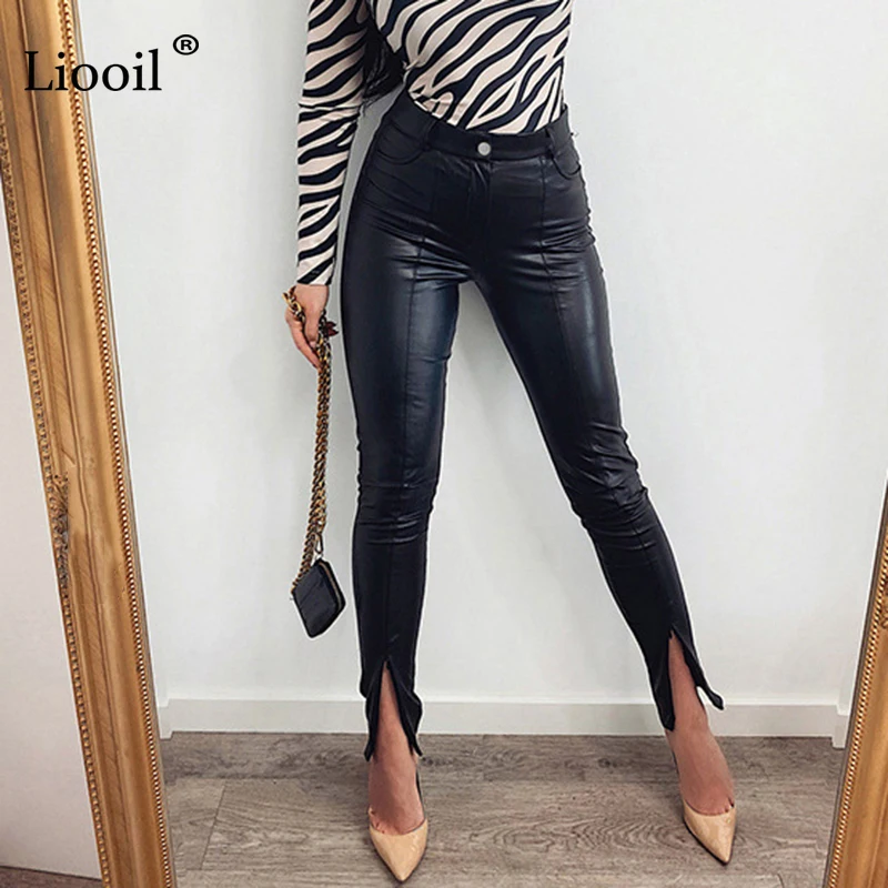 Брюки-Карандаш Liooil женские из искусственной кожи черные коричневые штаны с