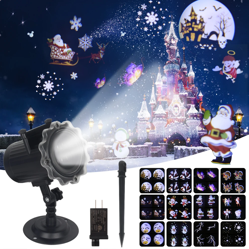 Christmas Laser Projector Animation Effect IP65 Indoor/Outdoor Halloween Projector 12 Patterns Snowflake/Snowman Stage Light #