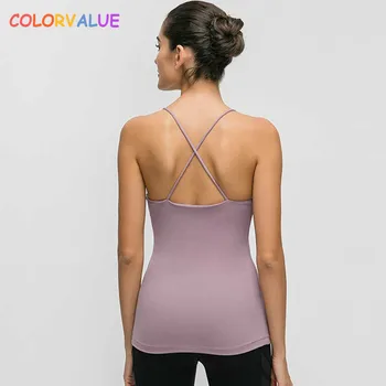 

Colorvalue Slim Fit Thicken Fabric Fitness Yoga Vest Women Cotton Feel Padded Workout Sport Tank Tops with Removable Chest Pads