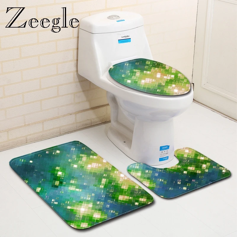 Zeegle 3Pcs/Set Bathroom Mat Set Printed Flannel Floor Rugs Cushion Toilet Seat Cover Bath Mat Memory Foam Bath Mats