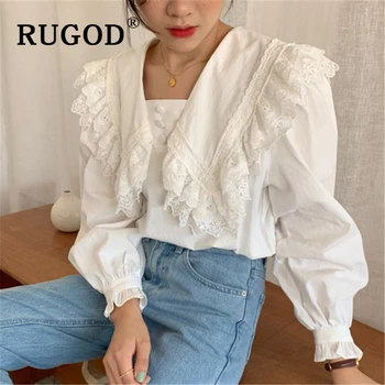 

RUGOD Ins 2020 spring white blouse women elegant peter pan collar office ladies shirts Fashion casual lantern sleeve tops female