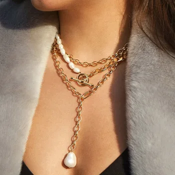 

Vintage Double Layered Link Chain Y Shape Necklace For Women Pearl Pendant Lariat Necklaces Sweater Chain Elegant Chains Jewelry