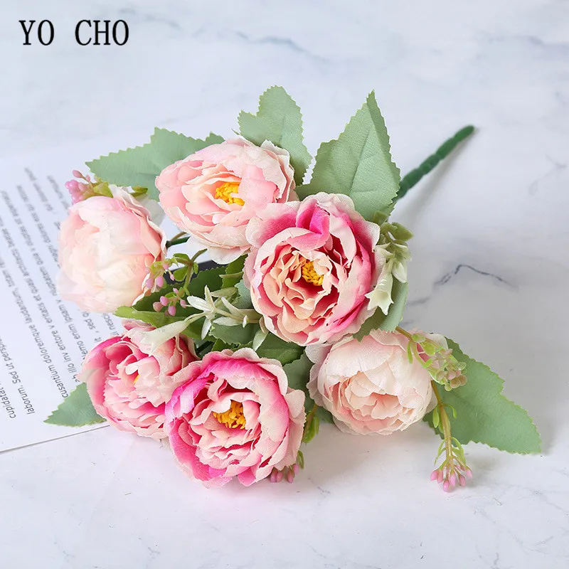 type2 deep pink YO CHO Свадебный букет невесты букет из искусственного шелка Цветок 7 голов пион сделай сам свадебные украшения для дома и офиса - Цвет: type2 deep pink