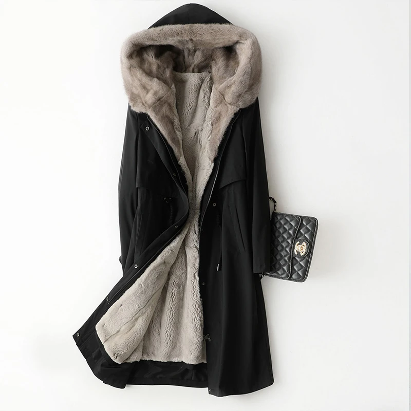 PUDI A49008, Женское зимнее хлопковое джинсовое пальто, натуральный мех Рекс, теплая куртка, норковый меховой воротник, пальто для девочек, Женская длинная куртка, пальто - Цвет: black beige