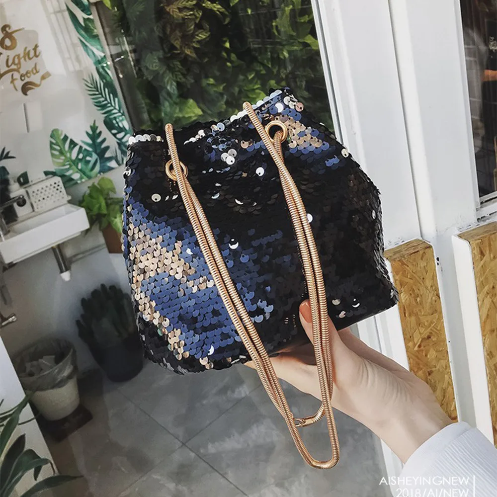 

Women Bling Sequins Bucket Bag Female Designer Evening Party Shoulder Bag Chain Crossbody Messenger Bags Sac A Main #YJ