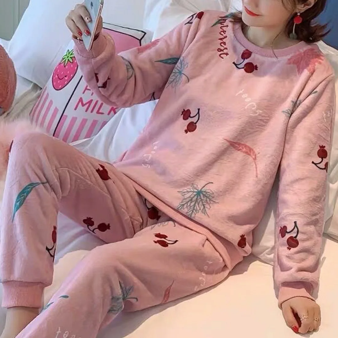 

LASPERAL 2 Piece Set Long Sleeve Top And Long Print Warm Women Pajamas Cute Printed Comfortable Cotton Female Night Suit Set