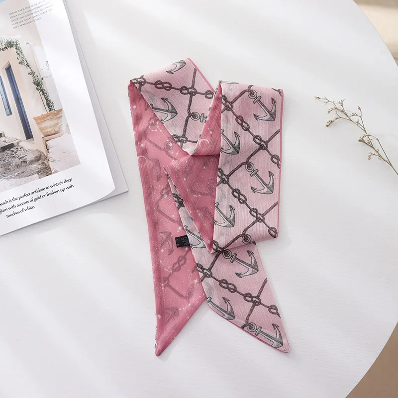 Summer French Retro Pink Tied Hair Small Floral Long Silk Scarf Headband Braided Hair Chiffon Thin Ribbon Scarf 4