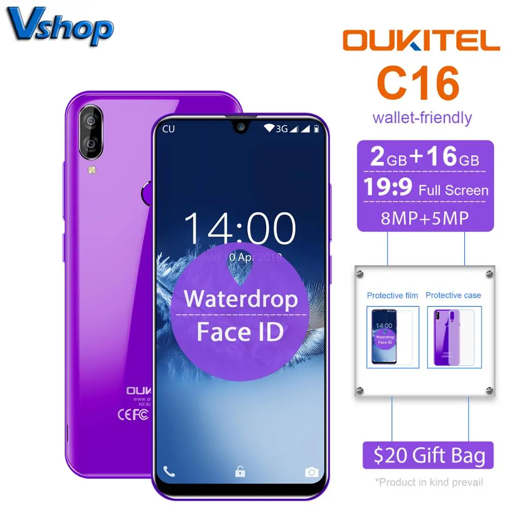 

OUKITEL C16 2GB+16GB 5.71'' Waterdrop Screen Dual Back Cameras Face ID Fingerprint Unlock Quad Core 3G Smart phone