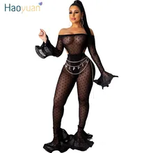 HAOYUAN, сексуальный сетчатый комплект из двух предметов, Женская праздничная одежда, комбинезон, топ, штаны, боди, костюм, комплект из 2 предметов, клубная одежда