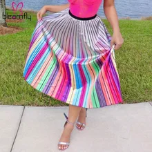 Разноцветная полосатая Женская юбка с принтом, высокая талия, плиссированные юбки миди,, летние винтажные повседневные уличные трапециевидные вечерние юбки