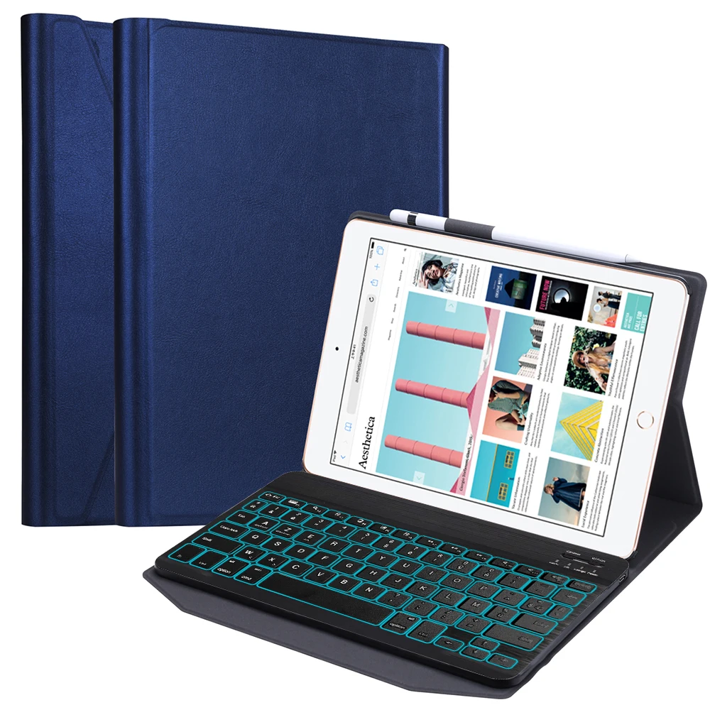 Blue Чехол для IPad Air 1/Air 2/Pro 9,7 дюймов французская 7 цветов подсветкой Tablet Bluetooth Клавиатура Защитная крышка с Кожа Чехол Ручка слот - Цвет: Blue