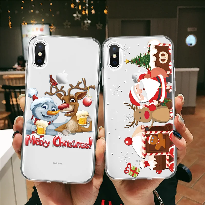 

Cartoon elk Santa Claus For iPhone XS X XR Xmas 6 6S 8 Plus 7 Plus 5 Cover TPU Soft Merry Christmas Coque For iPhone XS Max Case