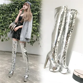 

PXELENA Gorgeous Super High Heels Platform Thigh High Boots Women Shiny Patent Leather Over The Knee Shoes Lace Up Zip Nightclub
