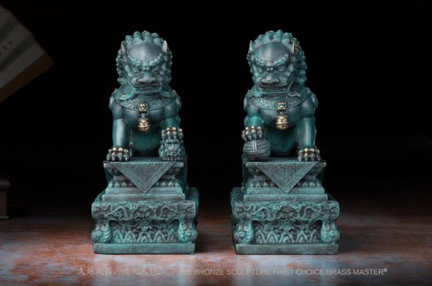 8,2 дюймов китайский Арт Деко Чистая латунь Foo Dog Guardian животные дверь лев скульптура пара