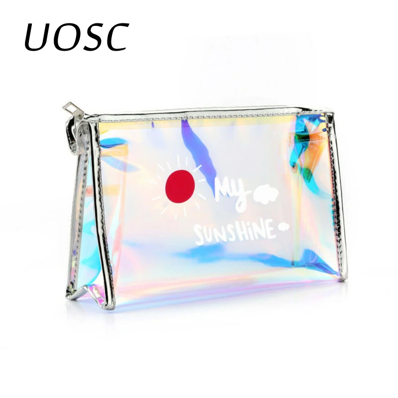 

UOSC New Laser Colorful Women Travel Cosmetic Bag Transparent Lips Waterproof Zipper Make Up Bag Case Hot Sale