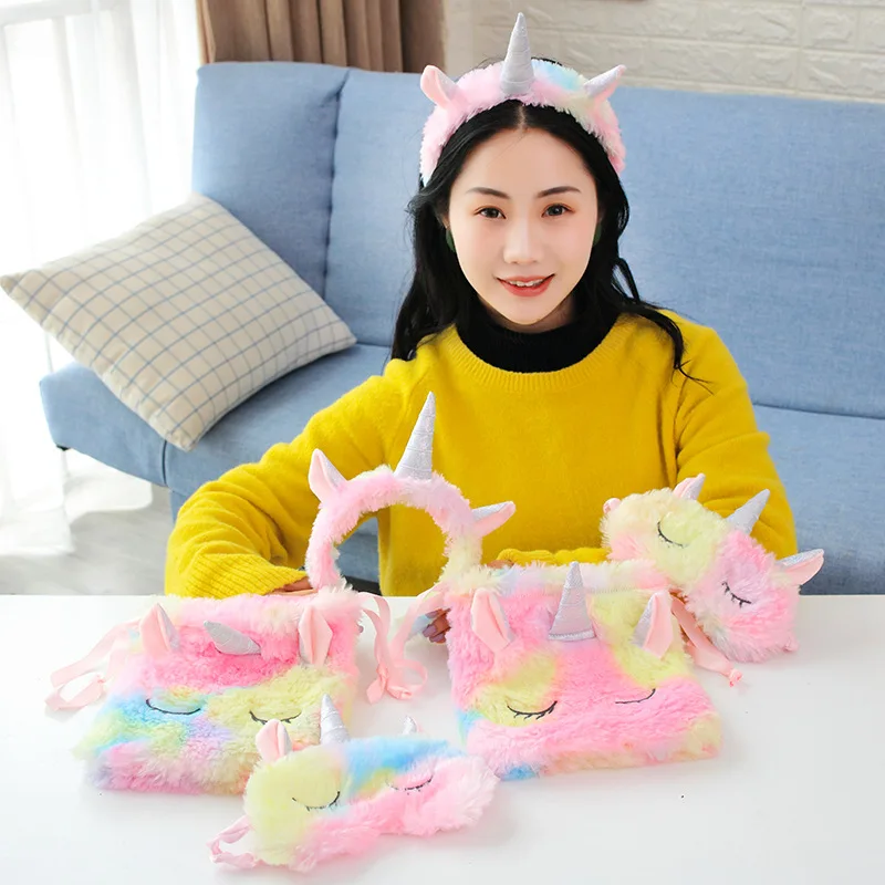 

Girl'S Heart Tie-dye Gradient Ice Cream Color Unicorn Plush Eye Patch Colorful Plush Unicorn Hair Bands Bag