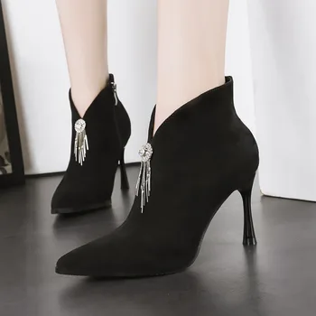 

New Spring Pointed Toe Zipper Thin Heels Shallow Ankle Suede Stiletto Boots Nude Khaki Black Beige Casual Sexy Lady Shoes