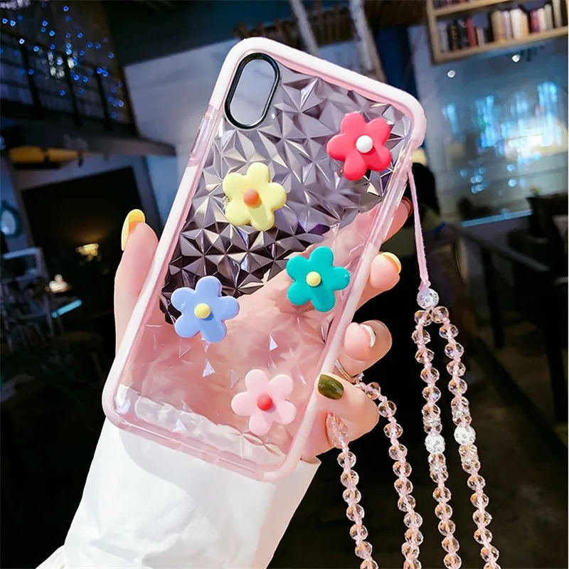 

case for iPhone 11 XR 7 8 11 Pro Max X XS Max Plus 6 6s cute small flower transparent cover(without long chain)