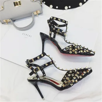 

Classic punk rivet sandals T-strap high heels hollow pointed toe stiletto women's high heel dark style