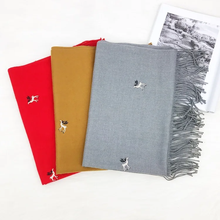 

Роскошный брендовый шарф, толстый зимний женский шарф, теплый кашемировый шарф с милой вышивкой в виде оленя, Женский хиджаб, шарф из пашмины