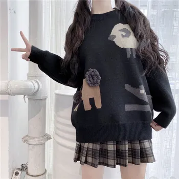 

Japanese Women Cute Little Lion Jacquard Loose Knitted Sweater Young Girl Student Autumn Winter Retro Thicked Pullover Tops Coat