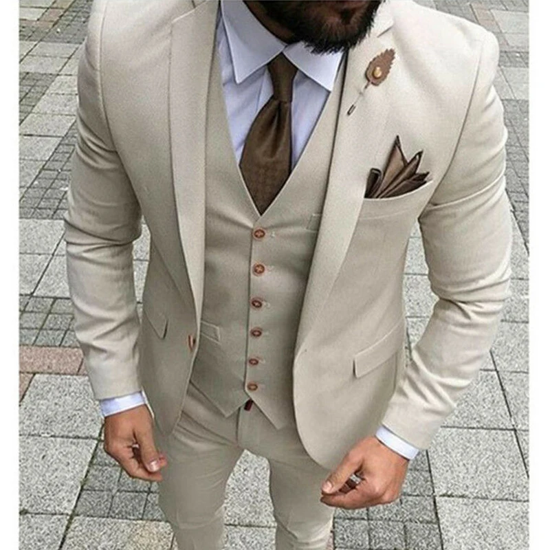 Slim Fit Casual Men Suits Beige 3 Piece Jacket with Pants Vest Fashion Male Blazer Bespoke Wedding Groom Tuxedo
