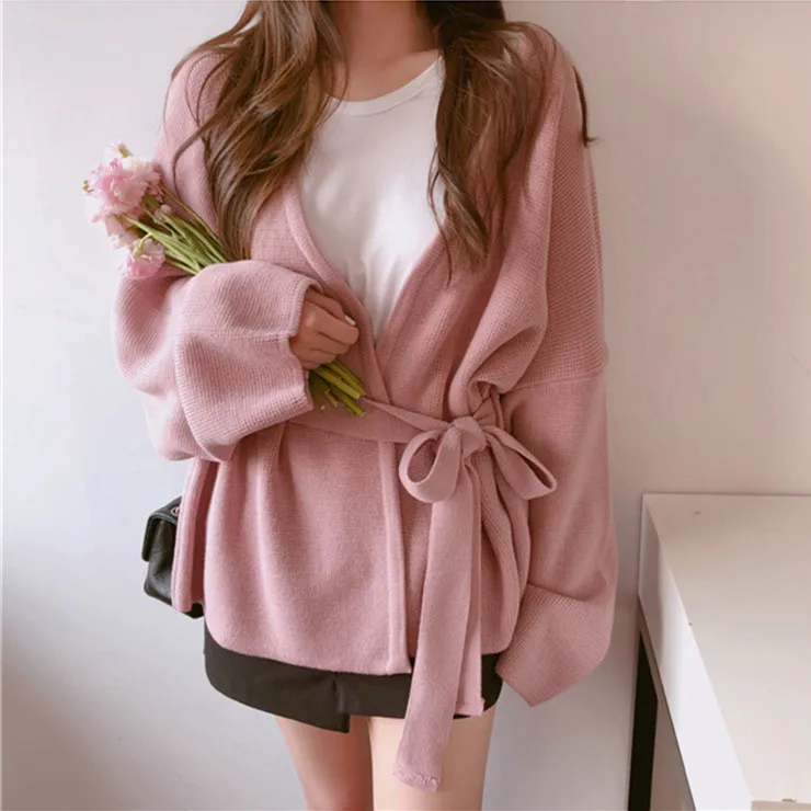 pink Женский свитер, кардиганы,, вязанный, Осень-зима, на шнуровке, с поясом, свободный, верхняя одежда, элегантный, повседневный, для девушек, топы, кардиган, джемпер - Цвет: pink