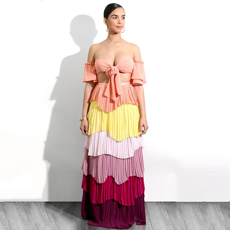 Fuedage летние пикантные 2 шт. комплекты Для женщин ремни с плеча короткий топ и длинная юбка комплект из двух предметов Multi вечерние платья 2018