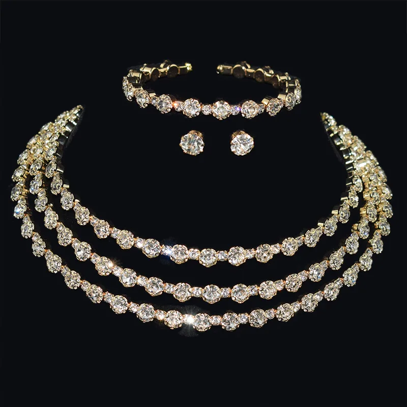 NEW Gold silver Metal Rhinestone Collar Necklaces for Women Round 3Row collar mujer collares Fashion Jewelry Choker Wholesale - Окраска металла: Jewelry Sets-Gold