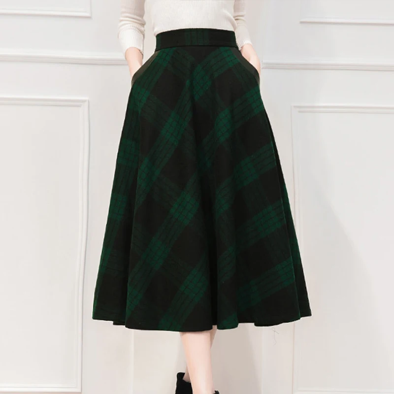 Женская юбка в английском стиле, Клетчатая Шерстяная Юбка с высокой талией размера плюс 4XL, трапециевидная Женская плиссированная юбка, зима, Женская клетчатая юбка - Цвет: Зеленый