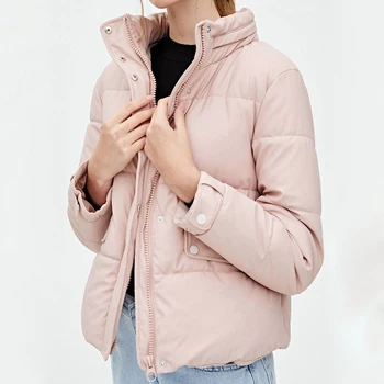 

Autumn and Winter Women's Cotton Clothing Light Pink Long-sleeved Zipper Decoration Plus Velvet Thick Warm Cotton Clothing