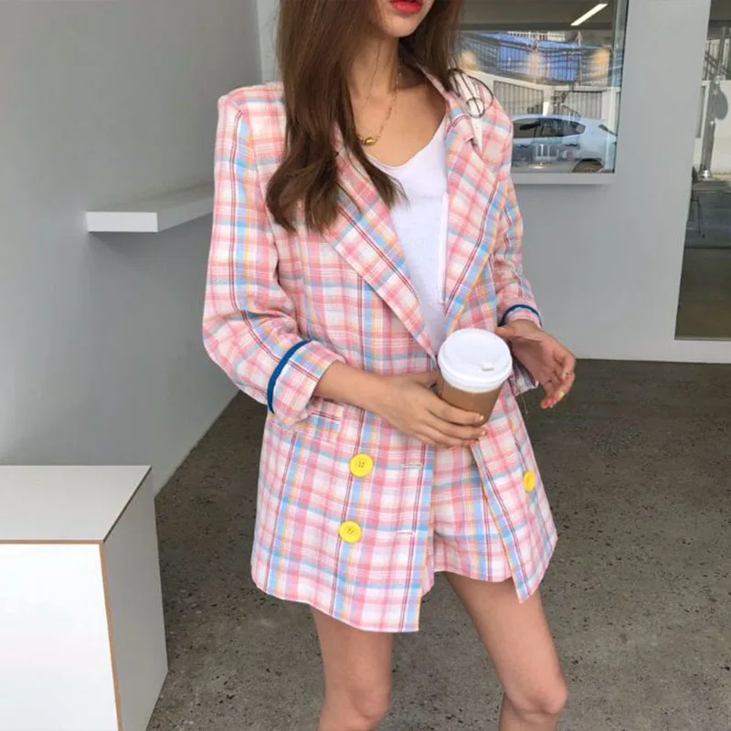 

Plaid 2 Two Piece Set Women Blazer and Shorts Double Breasted Office Lady Suit Plus Size Jacket Outfits High Waist Shorts Loose