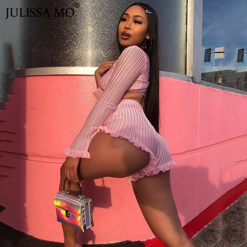 JULISSA MO Elegant Pink Sexy V Neck Playsuits Women Ruffles Long Sleeve Rompers Summer Beach Two Piece Set Short Jumpsuits
