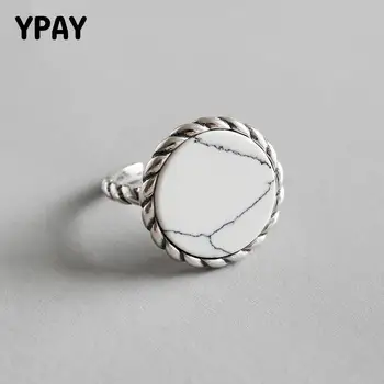 

YPAY Genuine 925 Sterling Silver Open Ring Retro White Turquoise Twist Rim Rings for Women Adjustable Fine Jewelry Gift YMR673