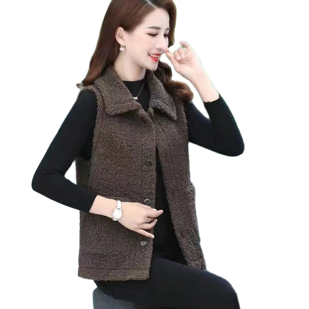 

5XL 6XL Lamb Wool Autumn Winter Coat Women Jacket Fleece Shaggy Warm Sleeveless Waistcoat Overcoat Single Breasted Outwear Vest