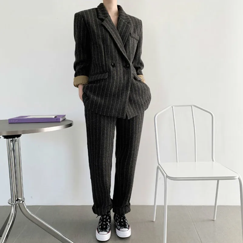 

Fashion Women's Sets Spring and Autumn New 2020 Striped Suit Woolen Jackets Women Wild Casual Long Pants Two Pieces V120