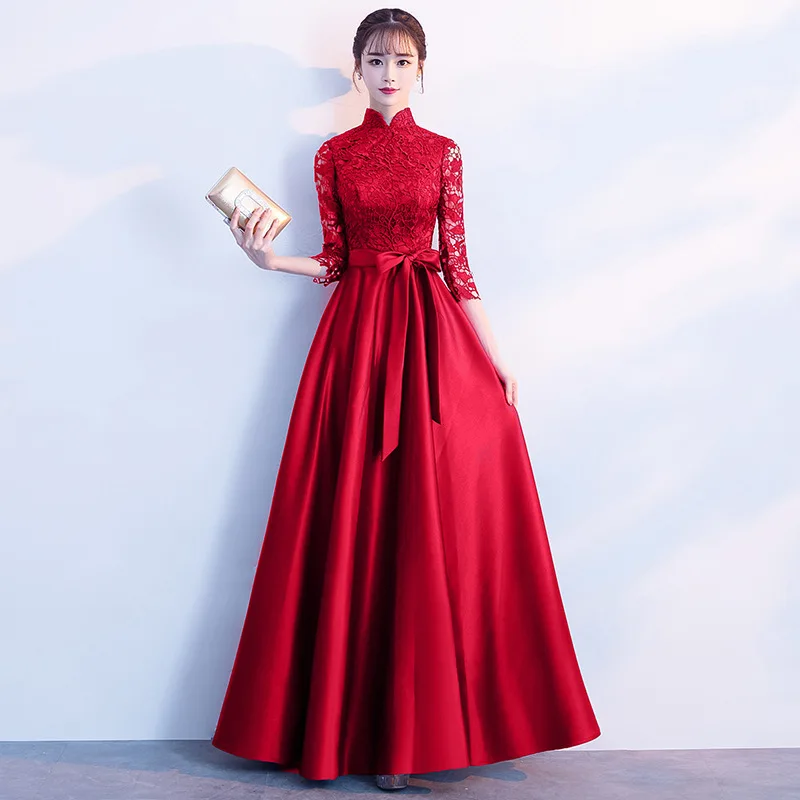 Синий Cheongsam кружева вечерние платья Qi Pao женское традиционное китайское платье Qipao продвижение халат Оригинальное элегантное винтажное платье - Цвет: Wine red long