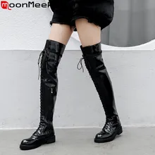 MoonMeek/размер 34-40, модные ботинки из натуральной кожи женские Сапоги выше колена с круглым носком сапоги с перекрестной шнуровкой на осень-зиму