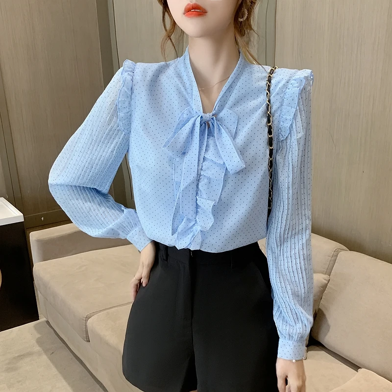 

blusas mujer de moda 2020 Autumn New Women's Fashion Point Bow Neck lantern Long Sleeve Chiffon Shirt Women Blouse top 957B