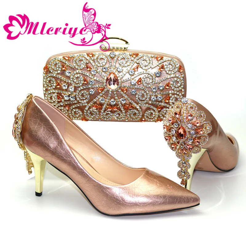 

Fashion style Italian matching shoe and bag set champagne color new coming african wedding lower shoe and bag sets for women